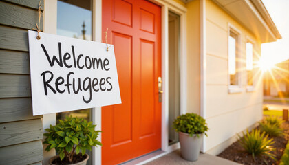 Fototapeta premium Welcome refugees sign hanging on orange door of modern house 
