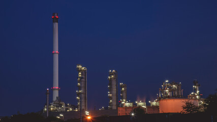 Oil refinery gas petrol plant industry with crude tank, gasoline supply and chemical factory. Petroleum barrel fuel heavy industry oil refinery manufacturing factory plant. Refinery industry concept