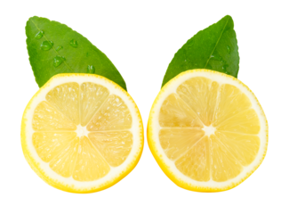 Front view set of ripe yellow lemon fruit or slices in two circles with green leaves isolated with clipping path in png file format