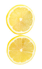 Top view set of ripe yellow lemon fruit or slices in two circles isolated on white background with clipping path