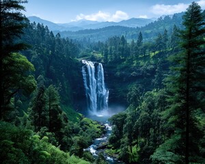 Lush waterfall cascading through a dense forest valley