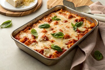Baked pasta dish with melted cheese and fresh basil served in a metal tray on a kitchen countertop