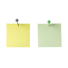 Two square sticky notes, one yellow and one green, attached with pushpins isolated on transparent background