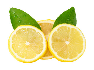 Front view of ripe yellow lemon fruit or slices in three circles with green leaves isolated on white background with clipping path