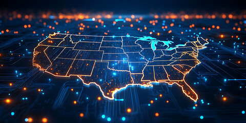 United states map on digital circuit board network connections and glowing data visualization representing technology and innovation future