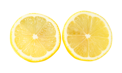 Top view set of ripe yellow lemon fruit or slices in two circles isolated with clipping path in png file format