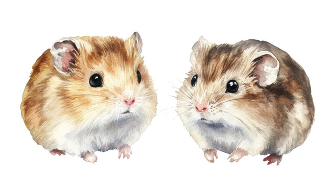 Title: Adorable Two Little Hamsters Watercolor Illustration Isolated on White Background