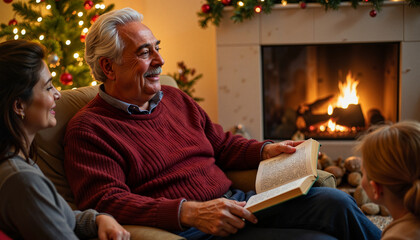 Senior man sharing holiday story with family by fireplace, warmth and joy
