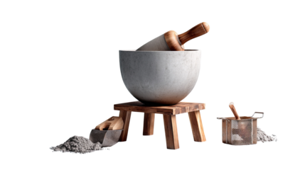Rustic Kitchen Essentials: A close-up shot of an array of kitchen tools. The composition highlights a mortar and pestle with a rolling pin in a large bowl, alongside a sifter and a scoop.