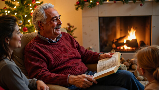 Senior man sharing holiday story with family by fireplace, warmth and joy