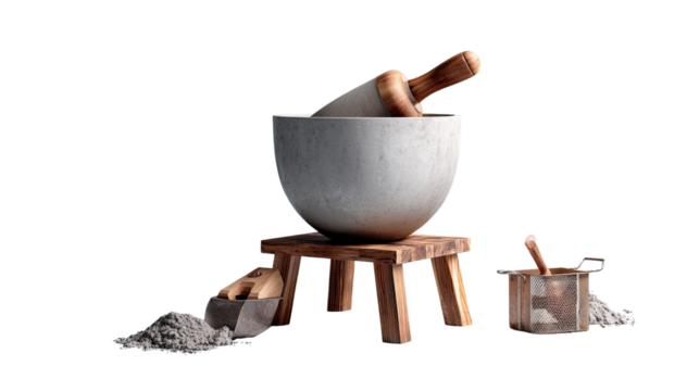Rustic Kitchen Essentials: A close-up shot of an array of kitchen tools. The composition highlights a mortar and pestle with a rolling pin in a large bowl, alongside a sifter and a scoop.