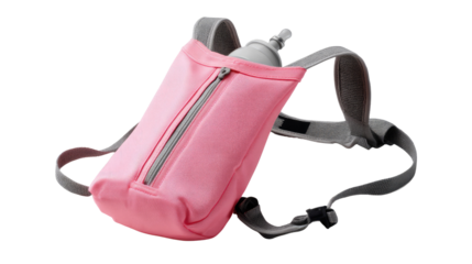 Pink Hydration Pack: A lightweight pink hydration pack is shown, perfect for active outdoor pursuits like hiking or cycling, featuring a sleek design and comfortable fit.