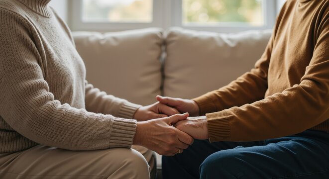 Elderly couple holding hands while sitting on sofa indoors   - Powered by Adobe