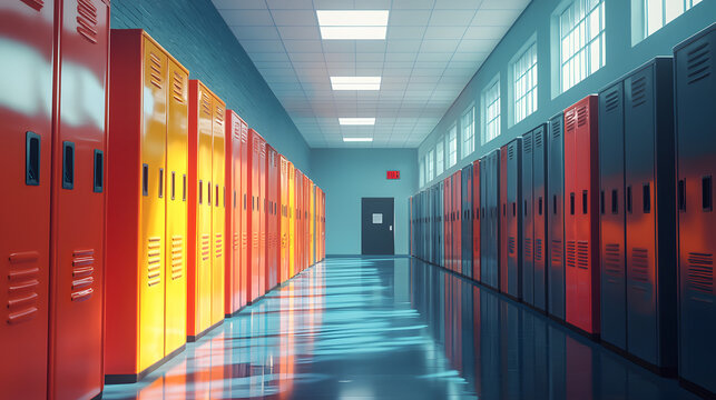 Generative AI, Row of high school lockers in the hallway, locker room