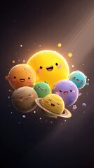 A playful 3D cartoon of the solar system planets with cute face