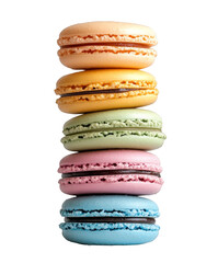 A stack of colorful macarons with a white background