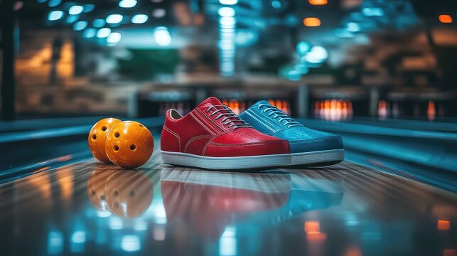 Bowling equipment including shoes, balls, bags, and lanes styled for visual content centered on leisure sports, competitive games, and indoor family entertainment activities
