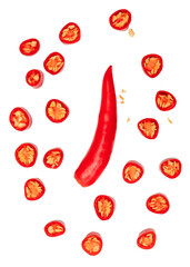 Top view set of fresh red chili pepper with slices or pieces isolated on white background with clipping path