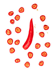 Top view set of fresh red chili pepper with slices or pieces isolated with clipping path in png...