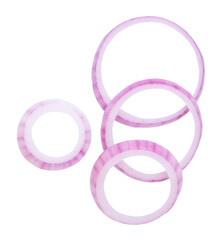 Top view set of fresh red or purple onion rings or slices in stack isolated on white background with clipping path