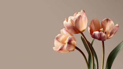 soft pink tulips blooming gracefully against neutral beige wall for minimal floral home decor and elegant botanical background