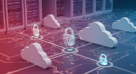 Futuristic Digital Padlock Clouds Data Server Network Security Illustration