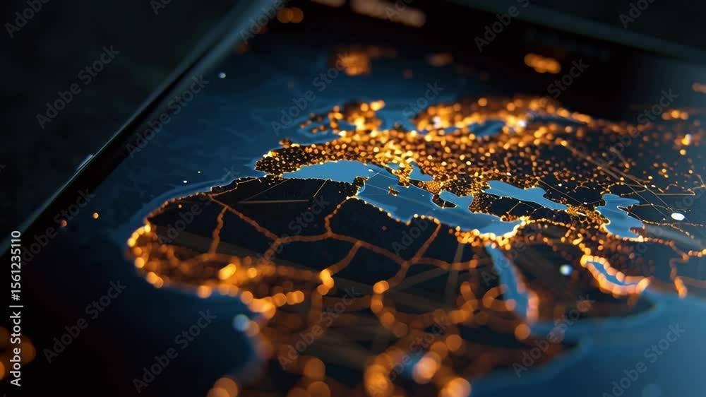 Poster smartphone displaying real-time connectivity map of the world with illuminated network lines