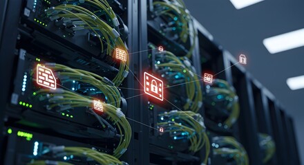 Modern Server Room Data Network with Glowing Security Icons Concept