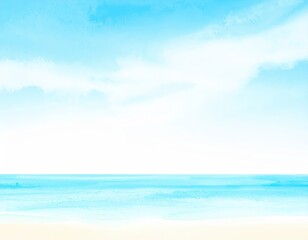 Obraz premium Soft watercolor beach and ocean scene with gentle clouds in a bright sky