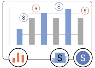 Bar Chart Comparing Monthly Profit and Expense With Money Bag and Bill Icons, Featuring a Flat Style for Business or Financial Visualization