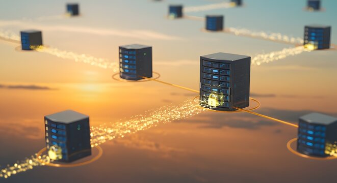 Futuristic Server Network Cloud Connection with Padlock Data Protection Concept
