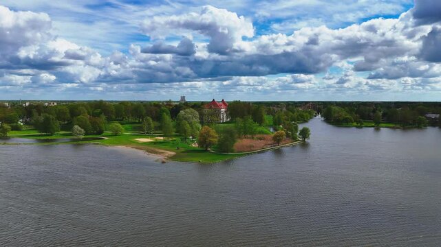 See Birzai Castle in Lithuania from above, via a drone shot