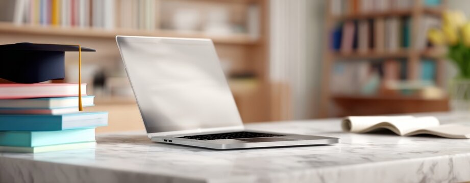 The modern laptop atop a stylish desk surrounded by academic books and graduation cap.