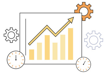 Flat Graph With Rising Efficiency Line, Gear and Clock Icons, Featuring a Business Dashboard Theme for Productivity or Performance Visualization