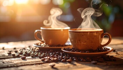 素朴な木製テーブルの上で湯気を上げるコーヒーカップと散らばるコーヒー豆、温かい朝の光が創り出す居心地の良いカフェ空間