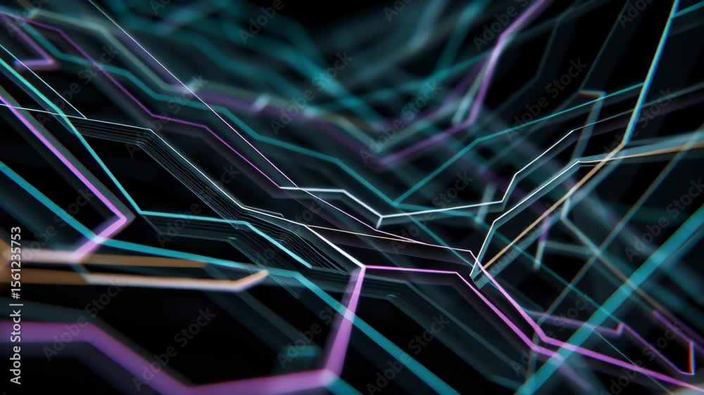 Poster geometric neon flow interface close-up with dynamic lines and abstract shapes in dark background
