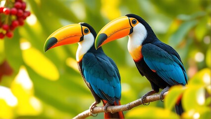 Naklejka premium Two colorful toucans perched on a branch in a lush green forest setting
