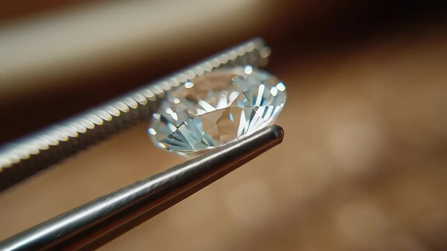 Close-Up of a Loose Diamond Resting on Jeweler's Tweezers, Highlighting its Sparkling Facets