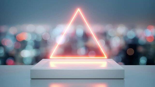 Futuristic Neon Triangle Frame with Pulsating Pink Light Against Blurred City Background