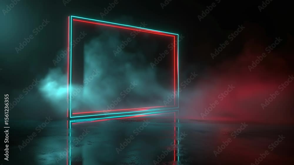 Poster neon floating rectangular frame with beveled edges surrounded by glowing mist and shadows