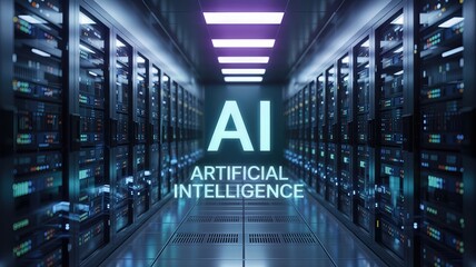 Futuristic data center hallway featuring artificial intelligence for advanced technology solutions