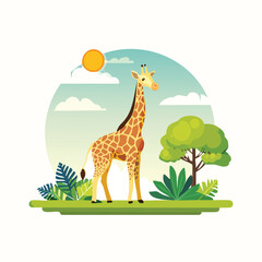 Obraz premium Giraffe Flat Vector Illustration Featuring Serene Nature Elements.