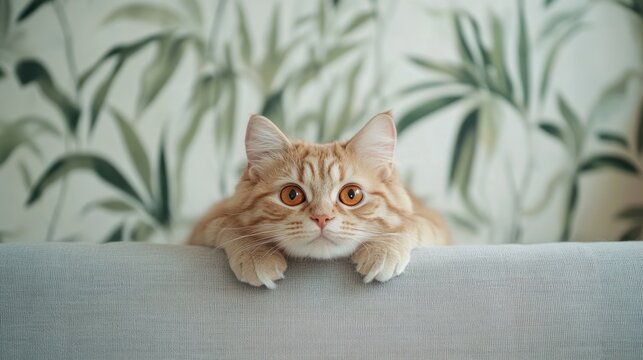 Cute ginger cat peering over a light gray sofa.