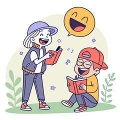 Joy of Reading — This playful vector captures two cheerful children immersed in books. One stands mid-page with a wide smile, while the other sits giggling, both framed by leafy plants and a giant emo