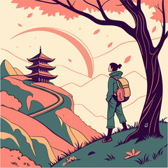 Autumn Journey to the Pagoda — A poetic vector scene featuring a lone traveler standing on a hill, gazing at a distant multi-tiered pagoda perched on a neighboring slope. The landscape, bathed in warm