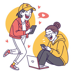 Connected Duo in Digital Harmony — A stylized vector depicting two characters immersed in a digital moment. One stands holding a smartphone, while the other sits with a laptop and phone, both surround