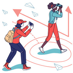 Obraz premium Outdoor Exploration with Navigation Tools — This vector features two characters immersed in outdoor exploration. One, equipped with a camera or phone and yellow backpack, captures the scene, while the