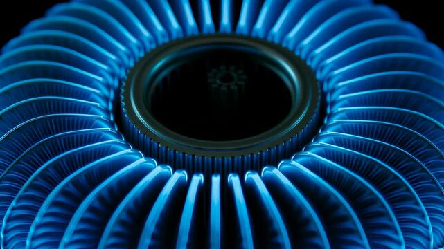 Close-Up View of Glowing Blue Turbine Stator Coil Windings with Intricate Patterns