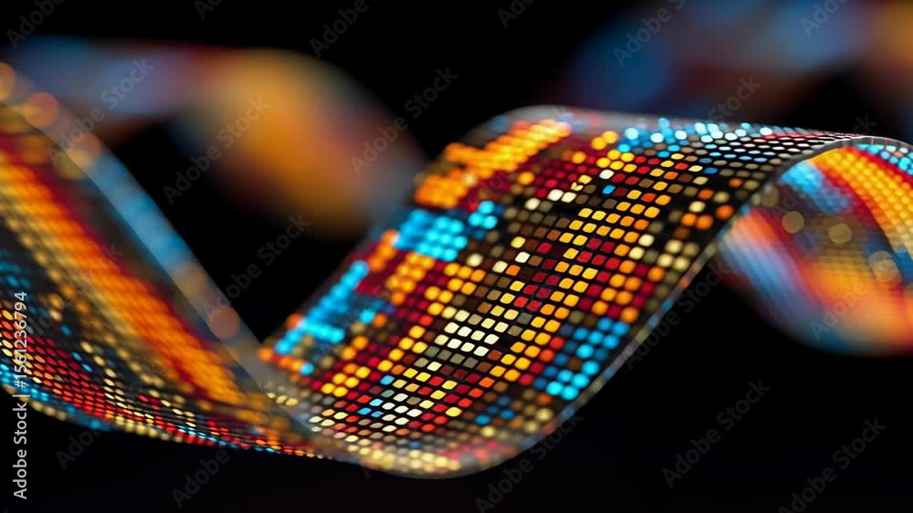 Poster close-up of pixelated waveforms on a curved oled display with vibrant color patterns