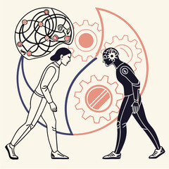 Human vs AI — A bold vector showing a human and robot face-to-face with brain and gears, framed by a yin-yang symbol and mechanical parts, reflecting balance between mind and machine.